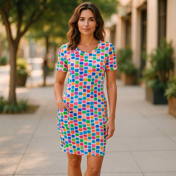 LuLaRoe Womens Dress Sz M Julia Colorful Rectangles Dots Green Rust Blue NEW - Picture 1 of 6